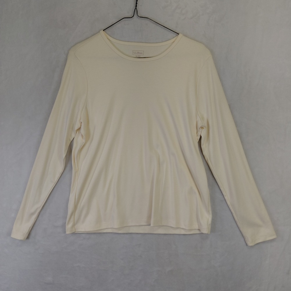 LL Bean Womens Cream Supima Cotton Long Sleeve Crew Neck Tee Shirt M-PET 278729